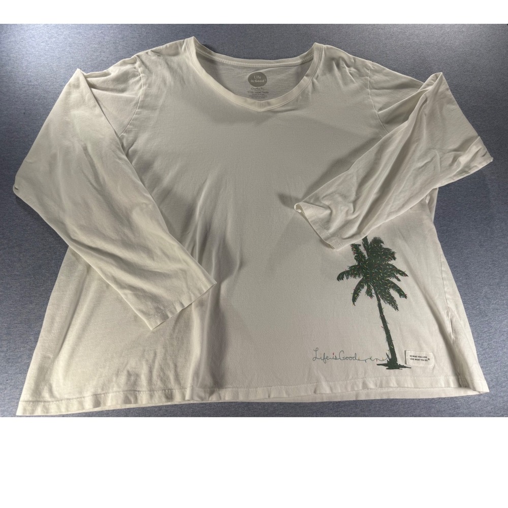 Life is Good Women XXXL Crusher Tee White Long Sleeve Holiday Palm Tree V-Neck